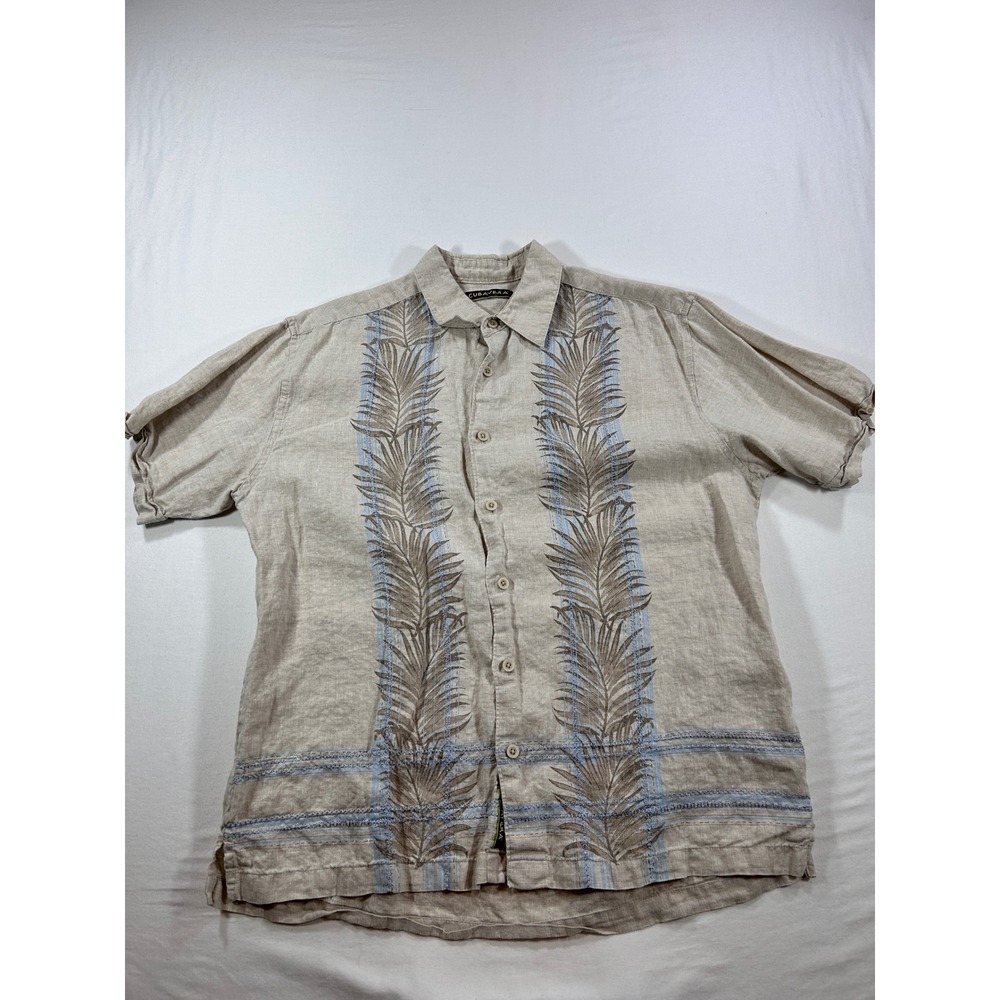 Cubavera Mens Large 100% Linen Embroidered Palm Leaf Short Sleeve Button Down